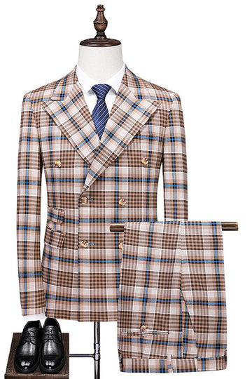 Vintage Peak Lapel Slim Fit 2 pièces Noir Grille Bleu Costumes Hommes